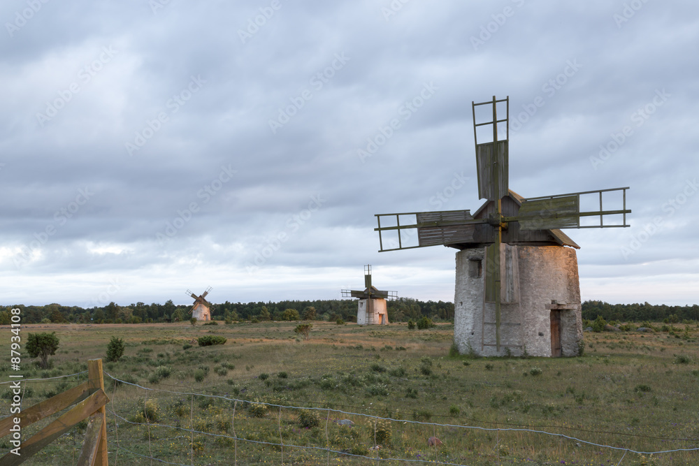Windmills in Field in Gotland, Sweden Windmills in Field in Gotland, Sweden