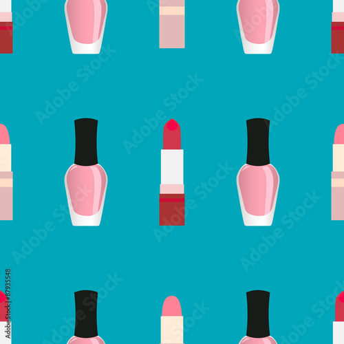 Red and light pink lipsticks with nail polish seamless pattern