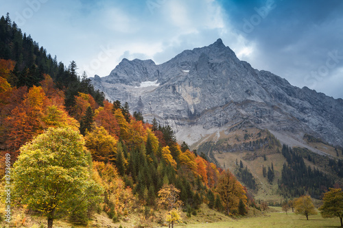 Alps autumn mountain landscape with dark blue sky. Austria, Tirol.