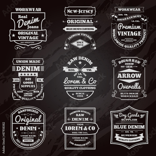 Denim typography chalkboard emblems set