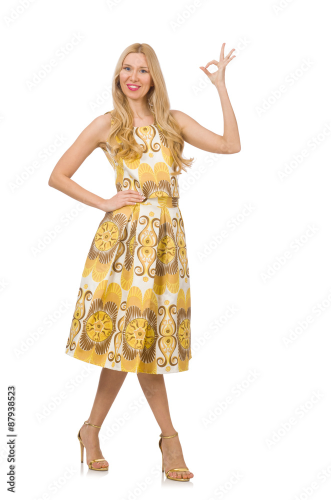 Pretty girl in yellow floral dress isolated on white Pretty girl in yellow floral dress isolated on white