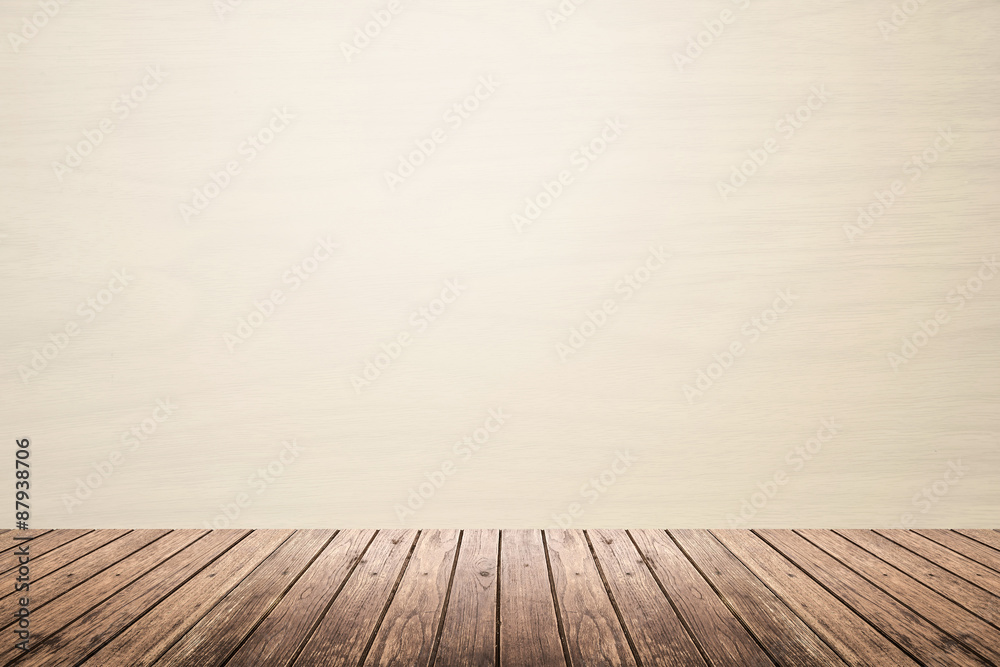 Empty room of beige wall and wooden floor
