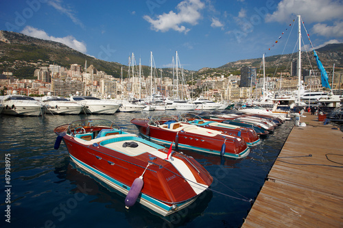 Monaco, Monte-Carlo, 25.09.2008: Yacht Show, Port Hercule, luxury yachts in harbor of Monaco, Etats-Uni, Piscine, Hirondelle, riva boats parking photo