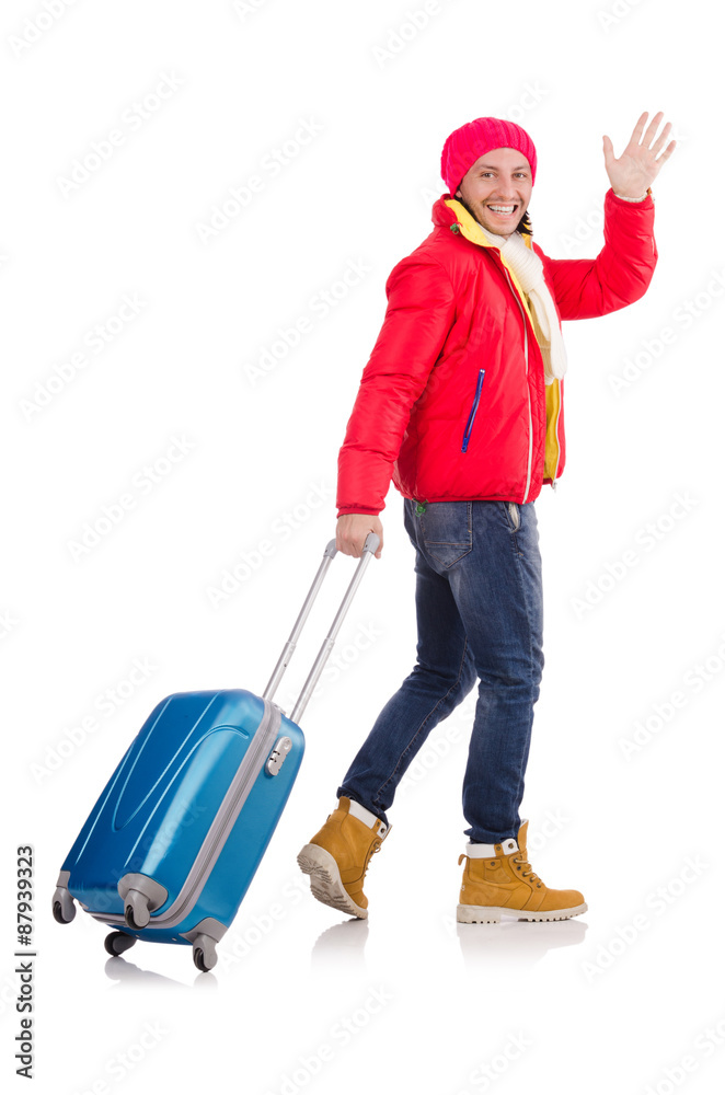 Tourist holding suitcase isolated on white Tourist holding suitcase isolated on white