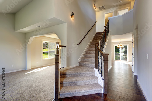 Beautiful entry way with carpet staircase.