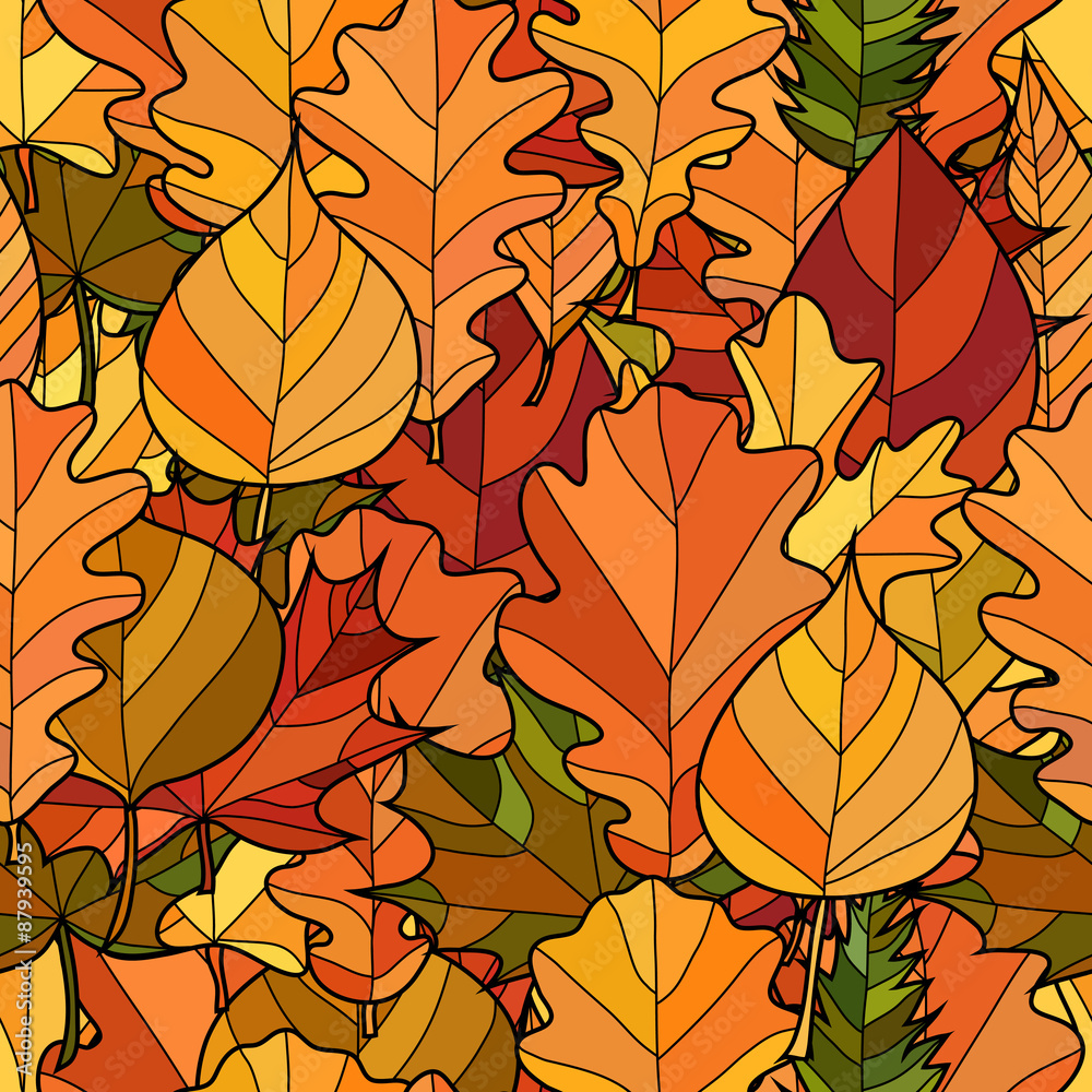 abstract doodle autumn leaves seamless pattern