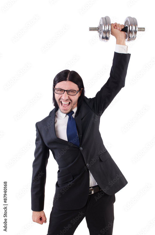 Young businessman holding barbell isolated on white Young businessman holding barbell isolated on white