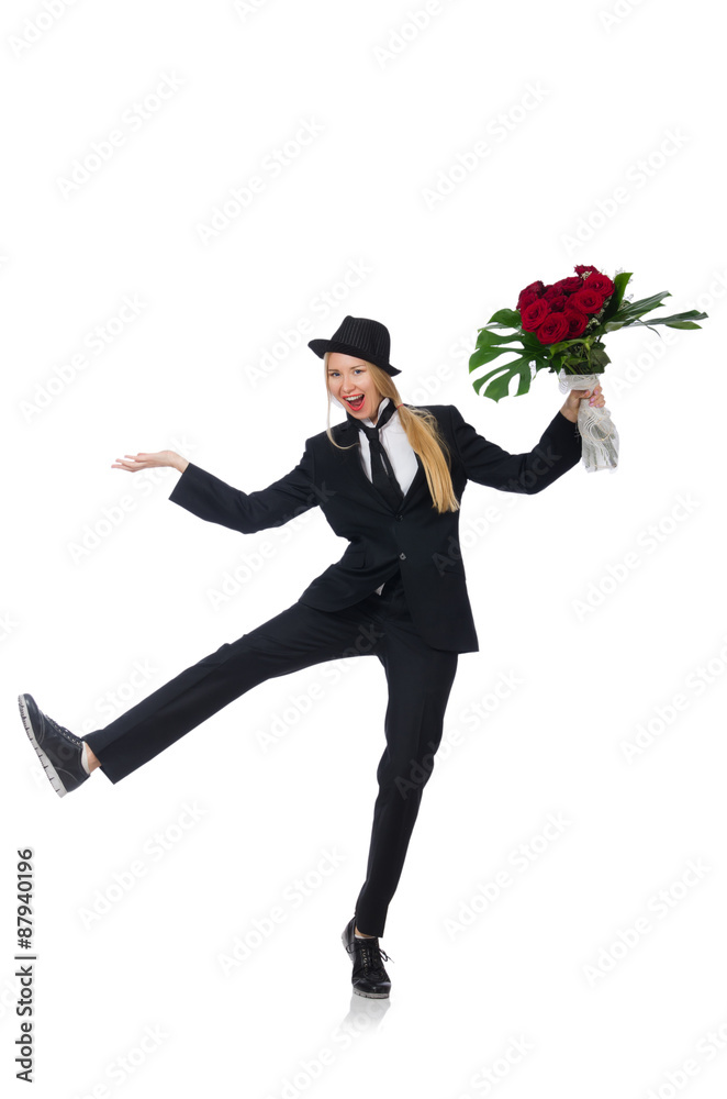 Woman with bunch of roses isolated on white Woman with bunch of roses isolated on white
