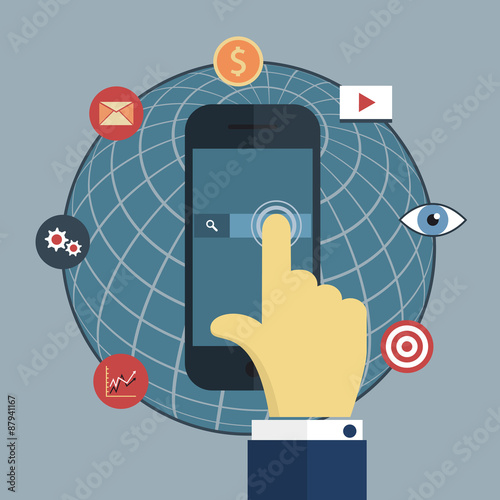 Vector illustration of hand click on screen smart phone, internet icons and planet sphere. 