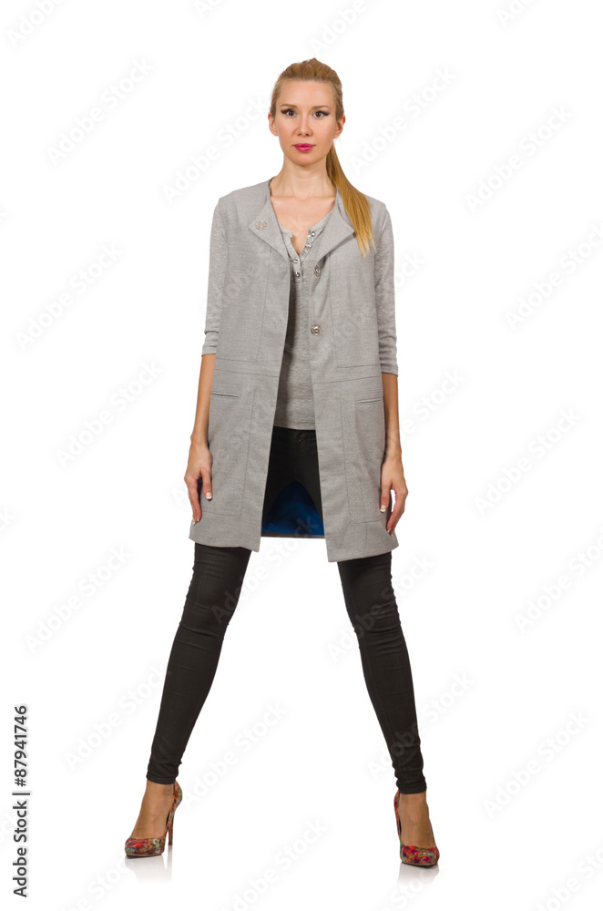 Pretty woman in gray blouse isolated on white Pretty woman in gray blouse isolated on white