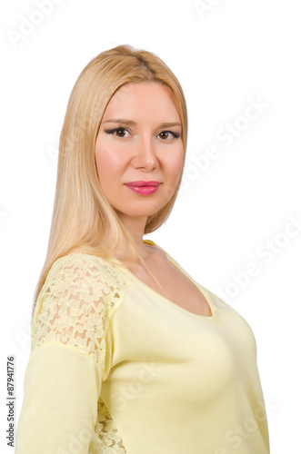 Pretty woman in yellow blouse isolated on white