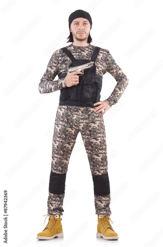 Young man in military uniform holding pistol isolated on white Young man in military uniform holding pistol isolated on white