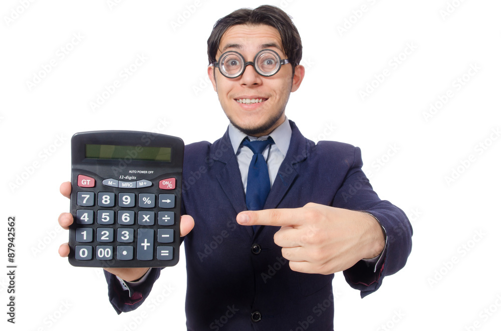 Funny man with calculator isolated on white Funny man with calculator isolated on white