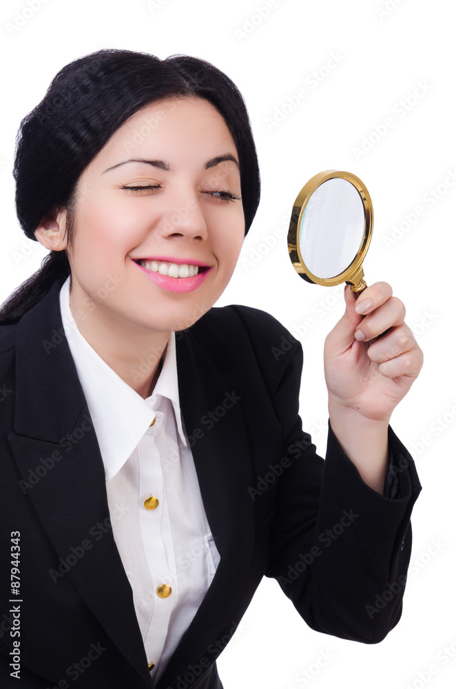 Business woman holding magnifying glass isolated on white Business woman holding magnifying glass isolated on white