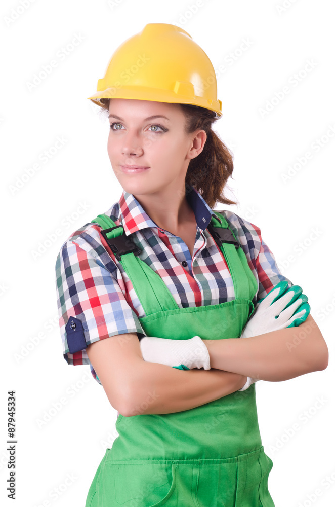 Female workman in green overalls isolated on white Female workman in green overalls isolated on white