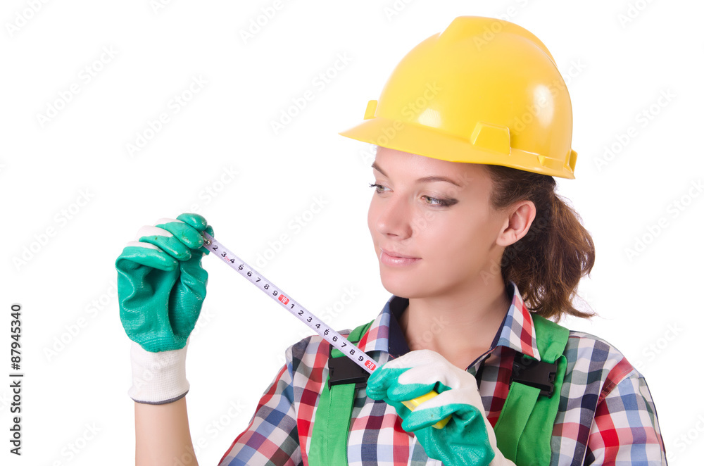 Female workman in green overalls isolated on white Female workman in green overalls isolated on white