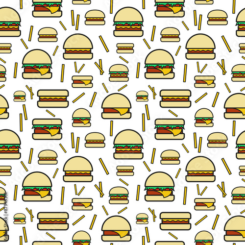 Seamless pattern of burgers and fries on white background