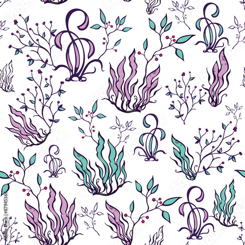Vector Purple Green Seaweed Seamless Pattern