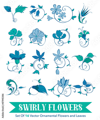 Assemblage of 16 Hand Drawn Swirly Curly Turkish Flowers and