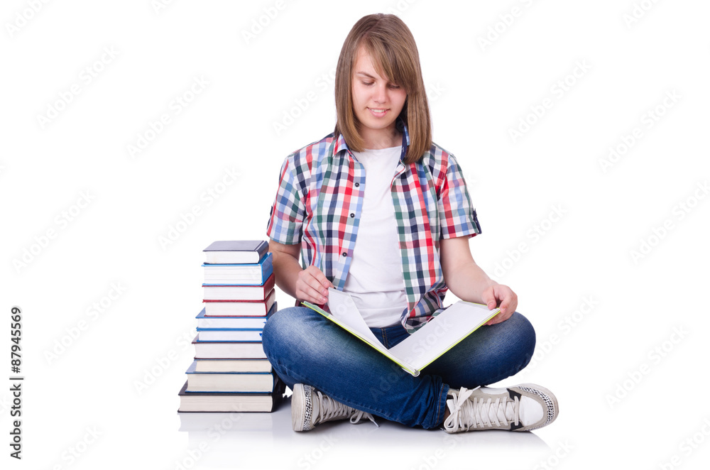 Smiling student with books isolated on white Smiling student with books isolated on white