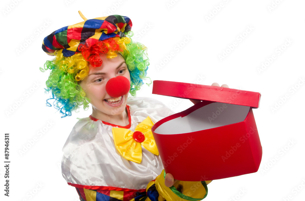 Clown with giftbox isolated on white Clown with giftbox isolated on white