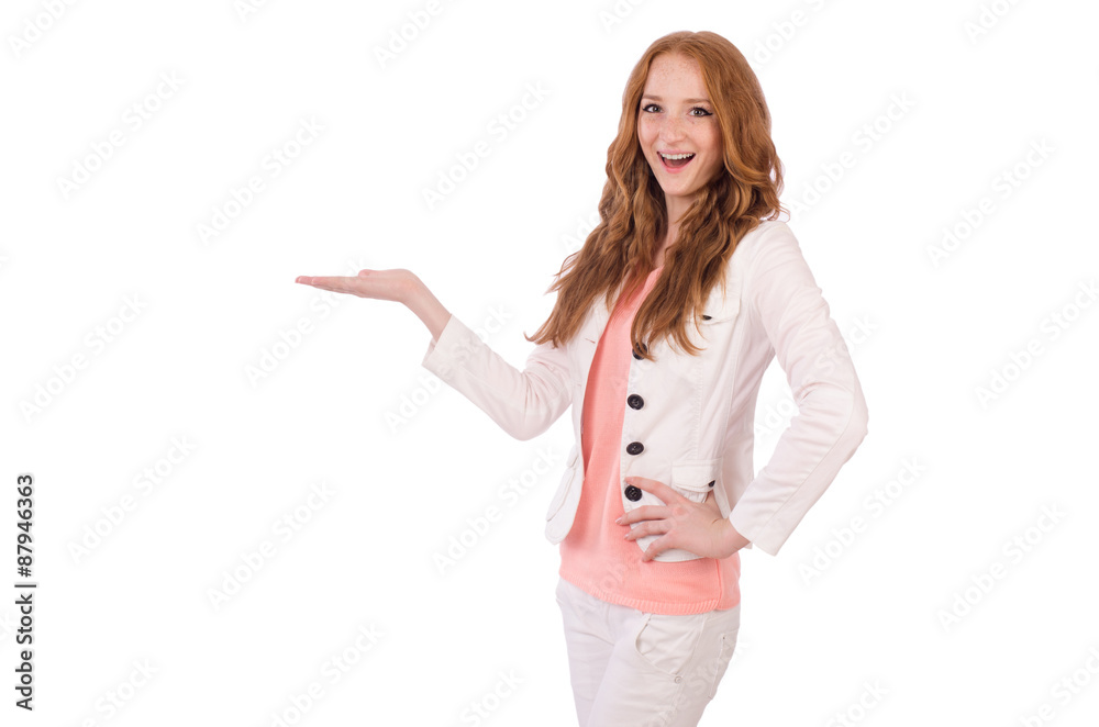 Cute smiling girl in light short coat isolated on white Cute smiling girl in light short coat isolated on white