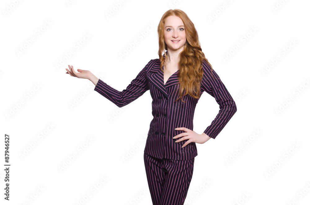 Young lady in striped retro suit isolated on white Young lady in striped retro suit isolated on white