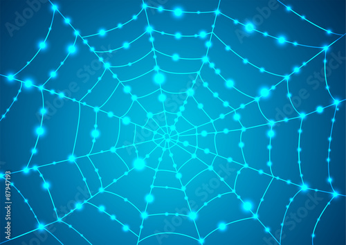 Glowing spider web on a blue background. Vector illustration
