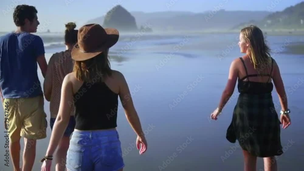 Attractive group of friends walk down the open beach together Attractive group of friends walk down the open beach together