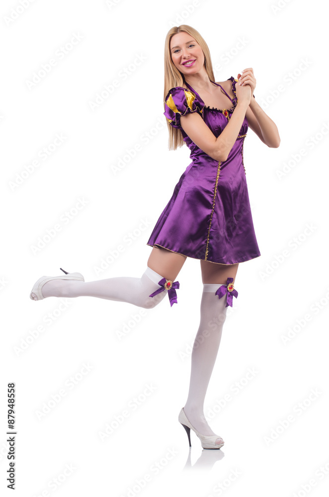 Naklejka premium Cute girl in purple masquerade dress isolated on white