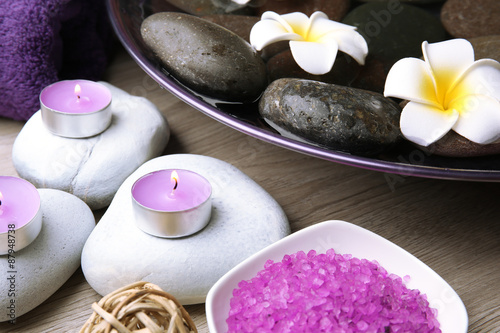 Spa still life with bowl of water for pedicure procedure