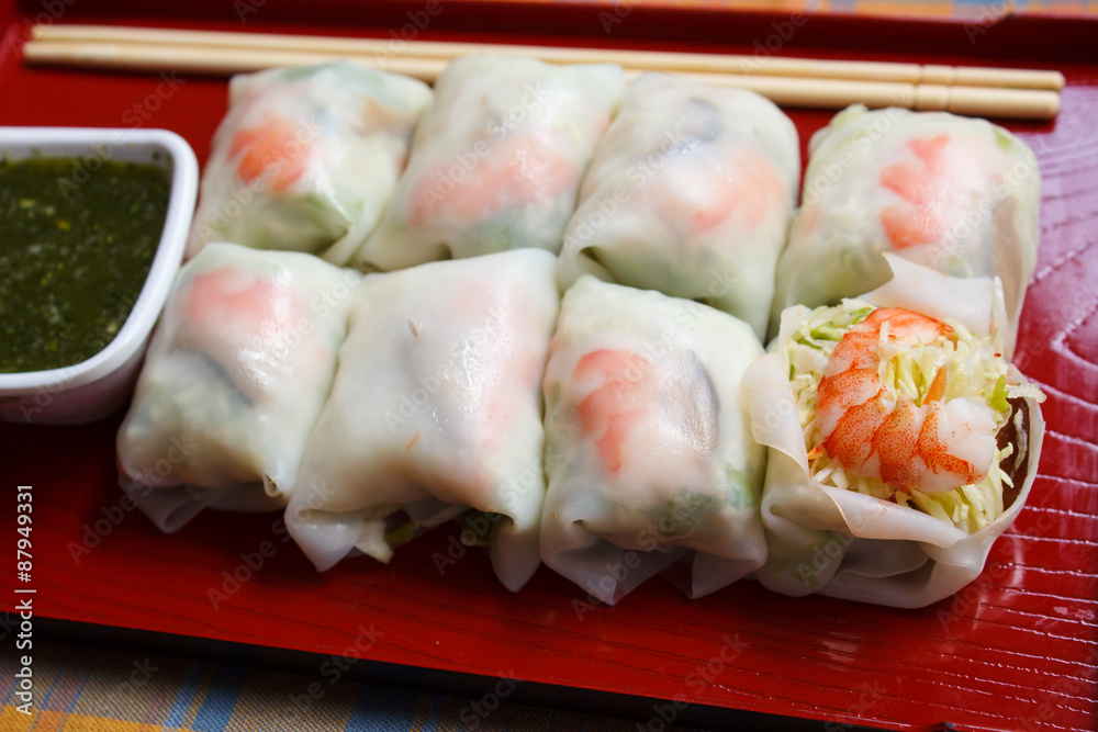 Fresh noodle spring rolls with shrimp and vegetable. Fresh noodle spring rolls with shrimp and vegetable.