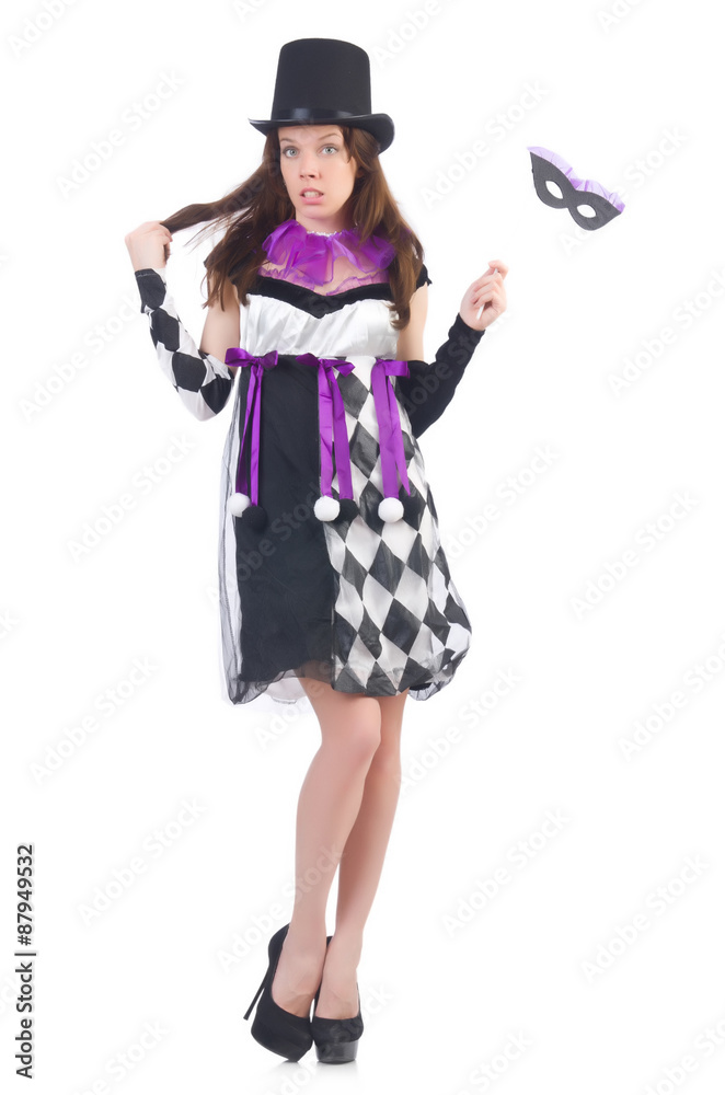 Pretty girl in jester costume with mask isolated on white Pretty girl in jester costume with mask isolated on white