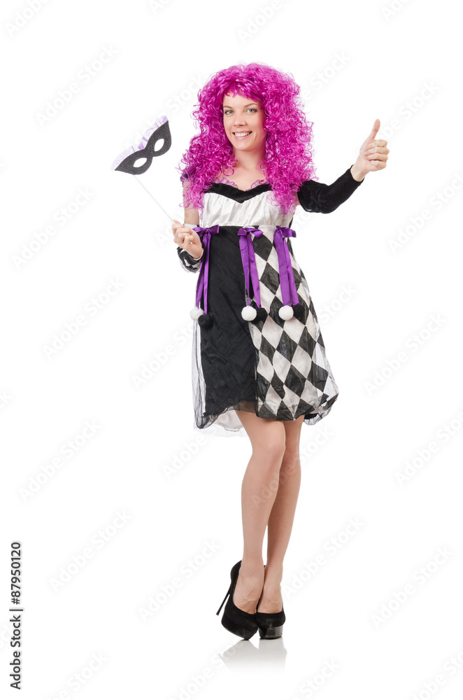 Pretty girl in jester costume isolated on white Pretty girl in jester costume isolated on white