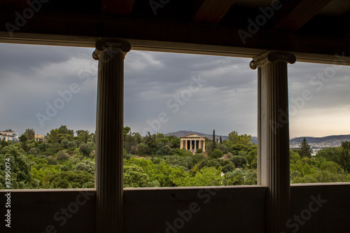 View from Stoa of Attalos to Temple of Hephaestus in Ancient Agora, Athens, Greece