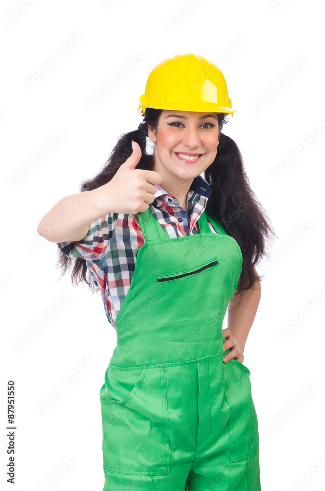 Female workman in green overalls isolated on white Female workman in green overalls isolated on white