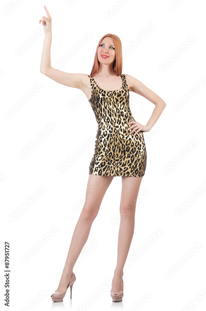 Beautiful woman in leopard dress isolated on white
