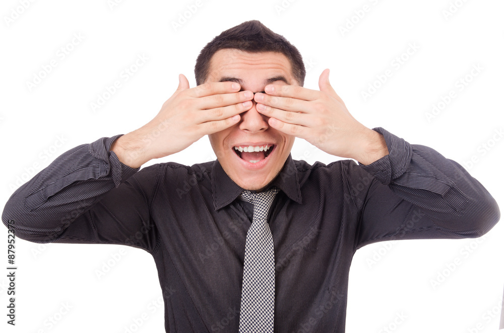Young smiling man with closed eyes isolated on white Young smiling man with closed eyes isolated on white