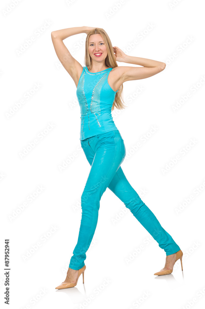 Beautiful girl in blue clothing isolated on white Beautiful girl in blue clothing isolated on white