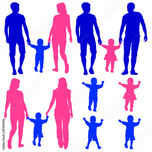 Blue  pink silhouettes Gay  lesbian couples and family with chil
