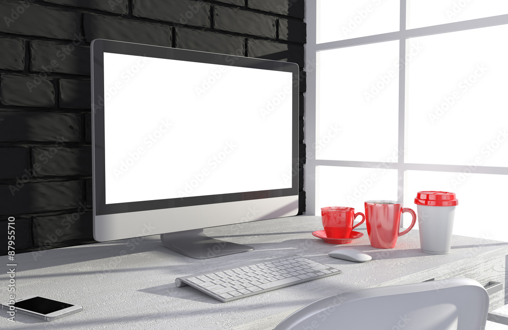 Fototapeta premium 3D illustration PC screen on table in office, Workspace