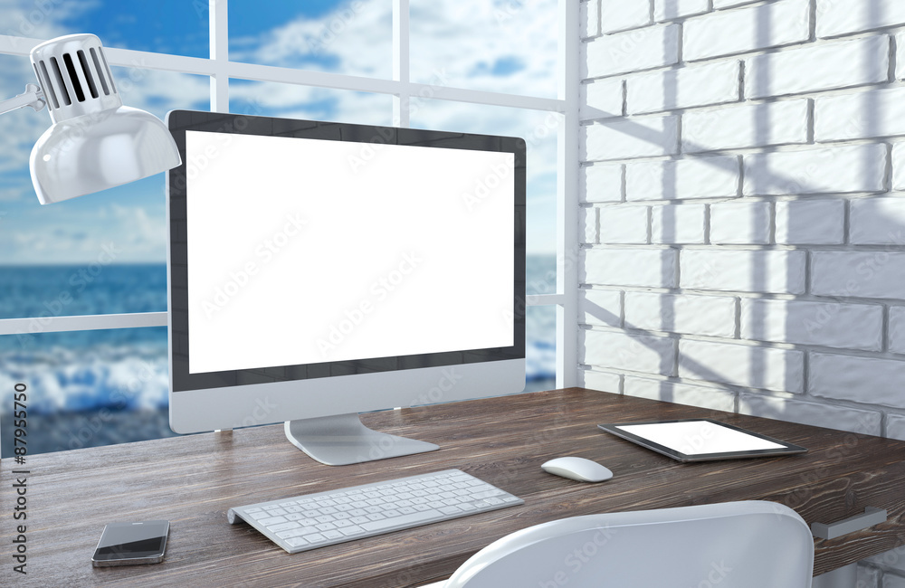 Fototapeta premium 3D illustration PC screen on table in office, Workspace