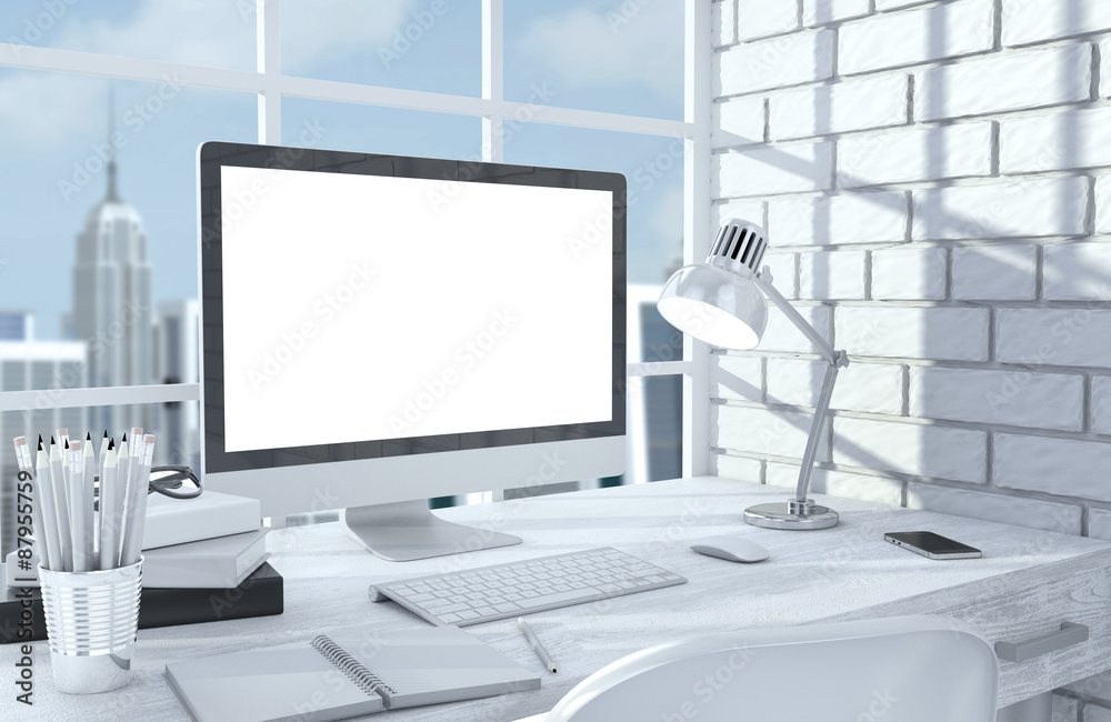 3D illustration PC screen on table in office, Workspace 3D illustration PC screen on table in office, Workspace