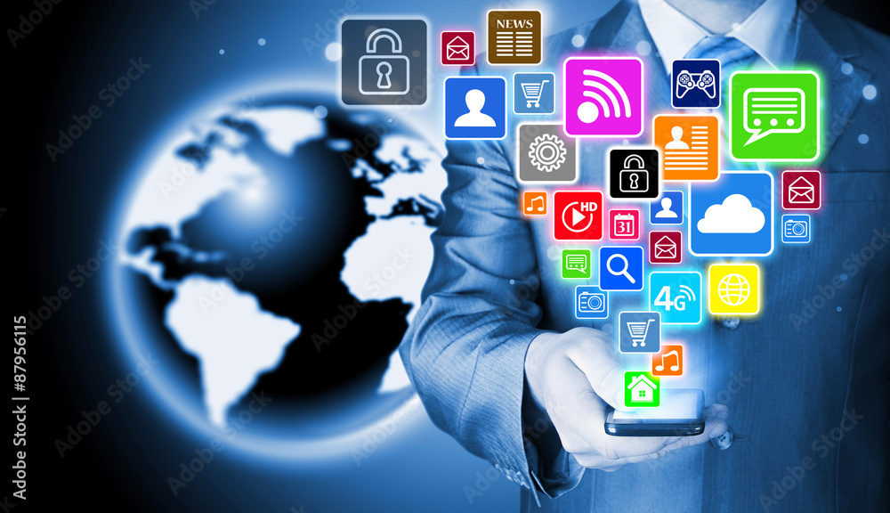 Business man using smart phone with social media icon set Business man using smart phone with social media icon set