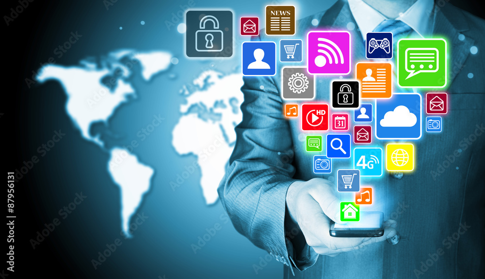 Business man using smart phone with social media icon set Business man using smart phone with social media icon set