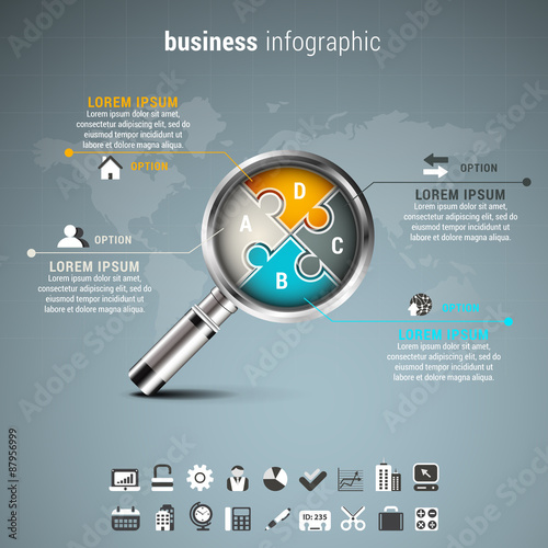 Business infographic with magnifier made of puzzle.