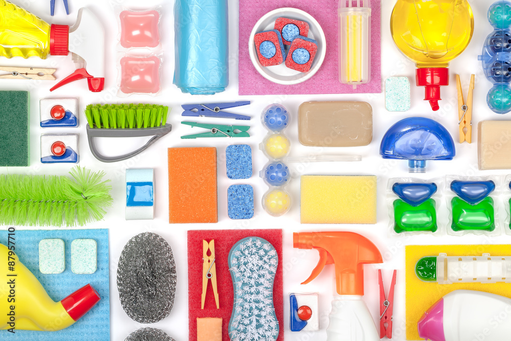 cleaning supplies on white background 
