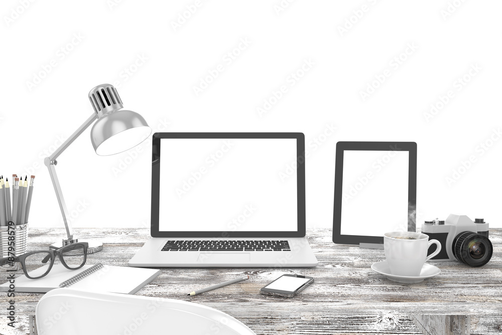 Fototapeta premium 3D illustration laptopand work stuff on table near brick wall