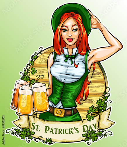 St. Patricks Day label with pretty Irish Girl