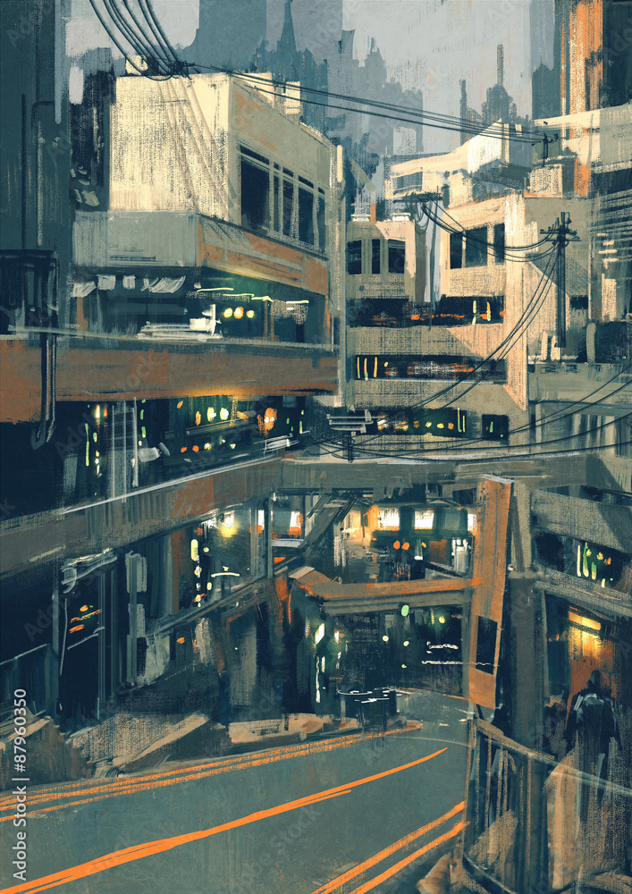 sci fi cityscape with futuristic buildings,illustration digital painting
